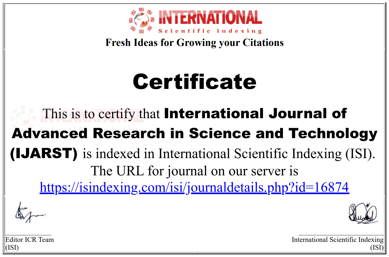 ISI Indexing Certificate Logo — IJARST indexing certificate
